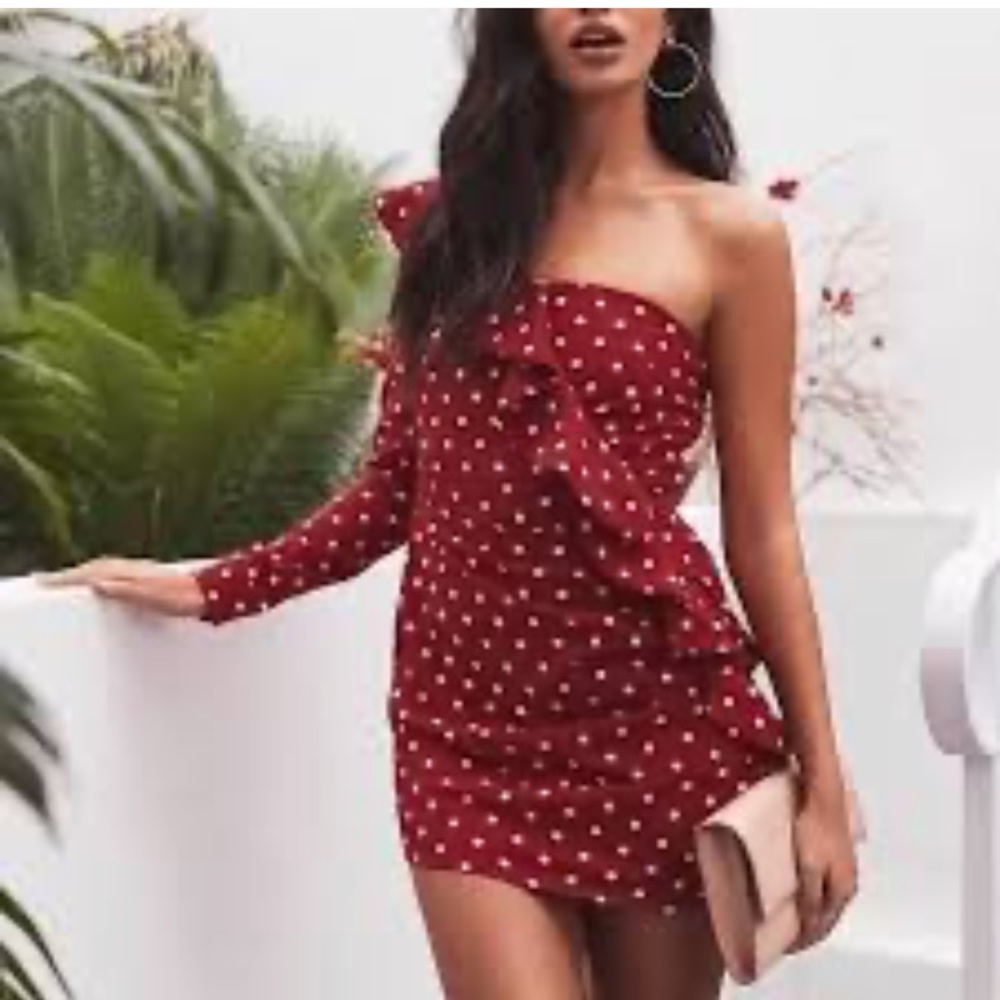 REVOLVE Red One Shoulder Dress with White Polka Dots